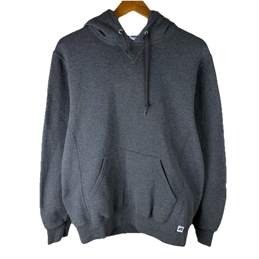 Vintage Russell Athletic Hoodie Mens M Gray Cotton Fleece Sweatshirt Y2K 00s